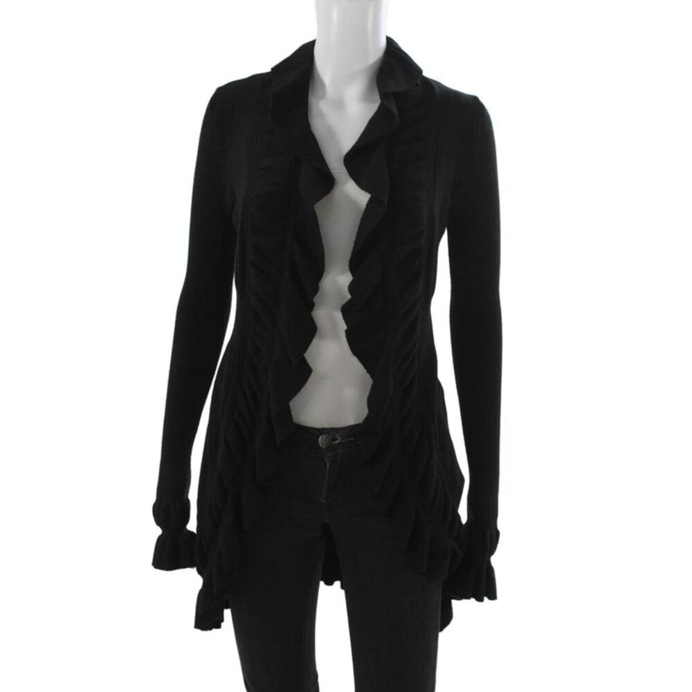 Ya Los Angeles Women Cardigan Black Cotton Blend Collared Long Sleeve Size S